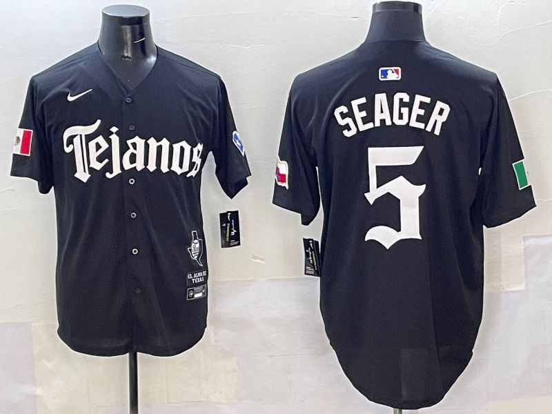 Men Texas Rangers 5 Seager Black Five generations Joint Name 2025 Nike MLB Jersey style 1